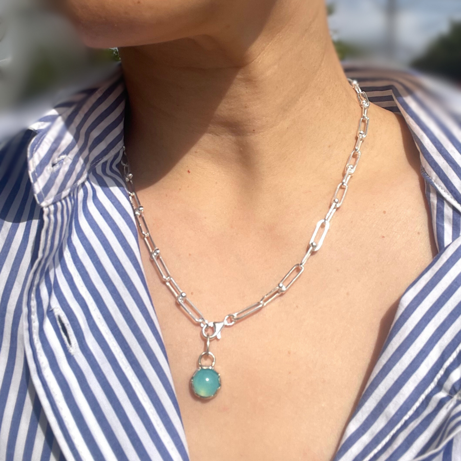 See I Silber Anhänger Halskette mit blauem Chalcedon